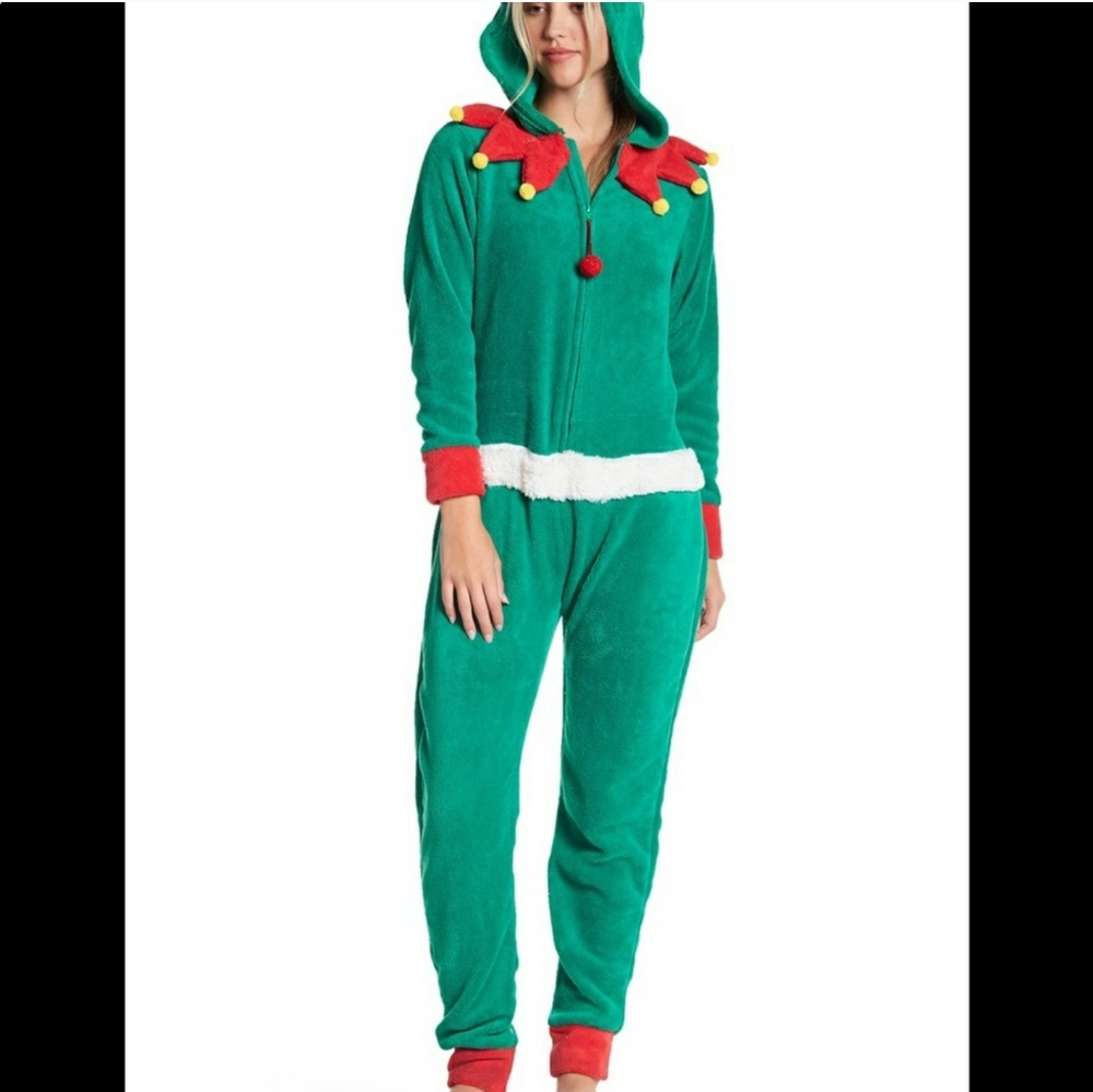 PJ Couture Green Elf Plush 1-Pc Pajama Lounge Wear Sleep Suit Size Large